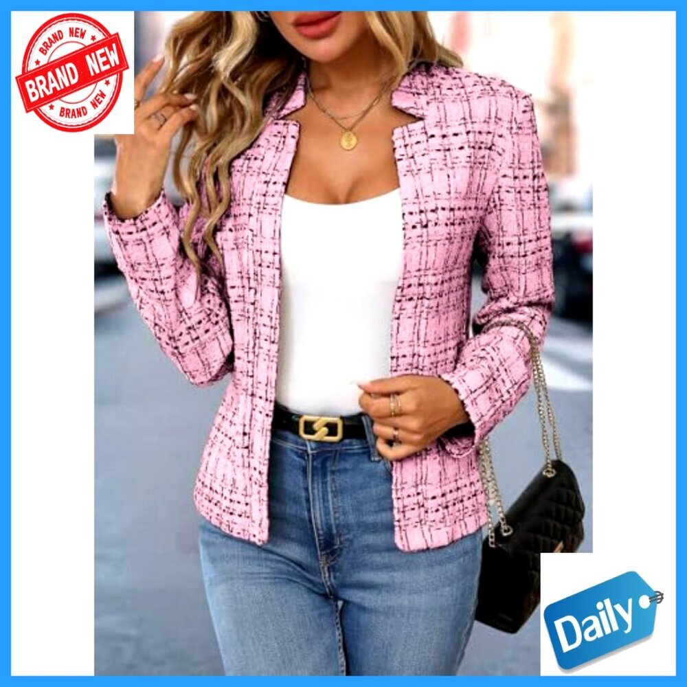 Slim Fit Tweed Blazer Long Sleeve Notch Collar Casual Business Office Jacket - Picture 4 of 7